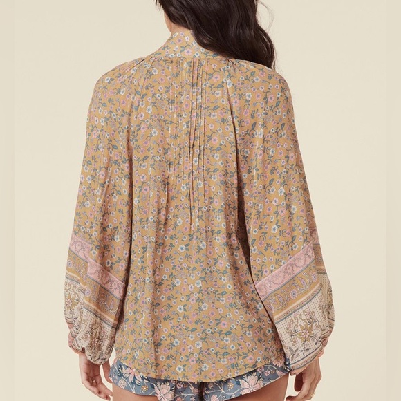 New Spell x Free People Mossy XL Brown Pink Buttonfront Tie-Neck Boho Blouse - Picture 7 of 15